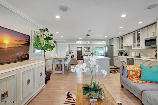 living room featuring light hardwood / wood-style flooring and ornamental molding