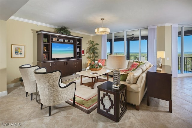 tiled living room with floor to ceiling windows, crown molding, and ceiling fan