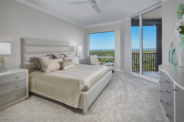 bedroom with ceiling fan, access to exterior, crown molding, and light colored carpet