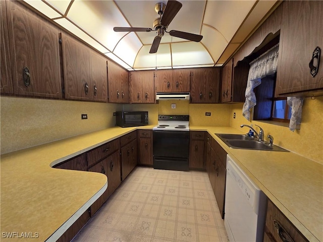 kitchen with dishwasher, sink, range with electric stovetop, ceiling fan, and dark brown cabinets