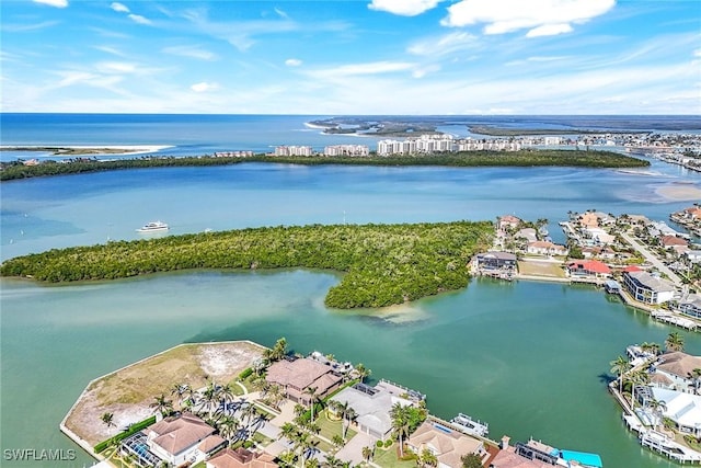 aerial view featuring a water view