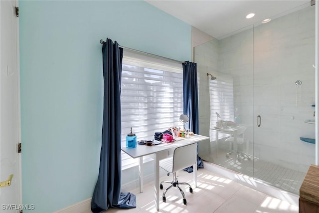 home office with light tile patterned flooring