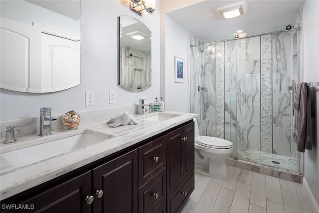 bathroom featuring vanity, toilet, and a shower with door