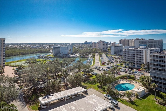 drone / aerial view featuring a water view