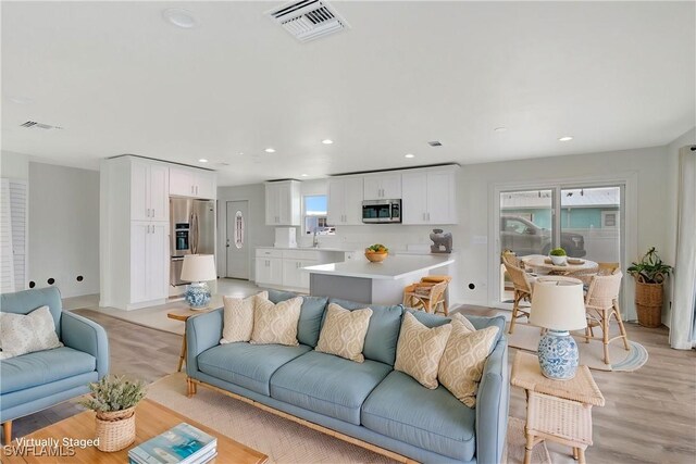 living room with light wood-type flooring and sink