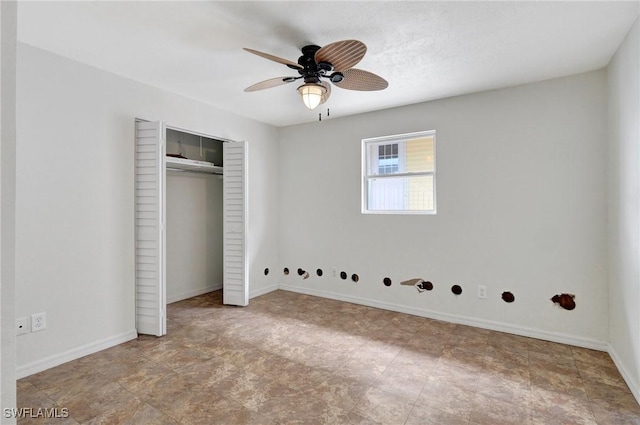 unfurnished bedroom with a closet and ceiling fan