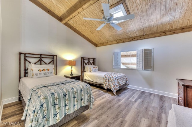 bedroom with ceiling fan, vaulted ceiling with beams, hardwood / wood-style floors, and wooden ceiling