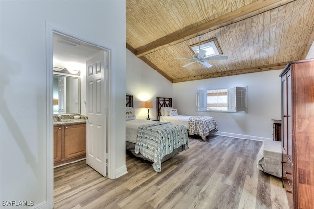 bedroom featuring vaulted ceiling with beams, ceiling fan, wooden ceiling, ensuite bathroom, and light hardwood / wood-style flooring