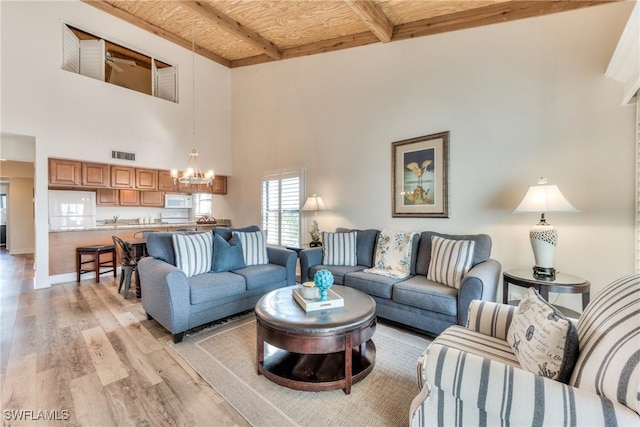 living room with an inviting chandelier, wood ceiling, a high ceiling, light hardwood / wood-style flooring, and beamed ceiling