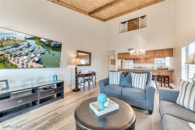 living room with wood ceiling, light hardwood / wood-style floors, a high ceiling, a notable chandelier, and beam ceiling