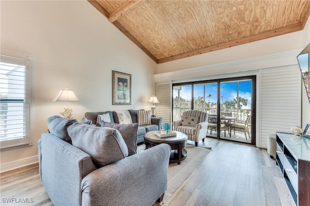 living room featuring high vaulted ceiling, light wood-type flooring, beamed ceiling, and wooden ceiling