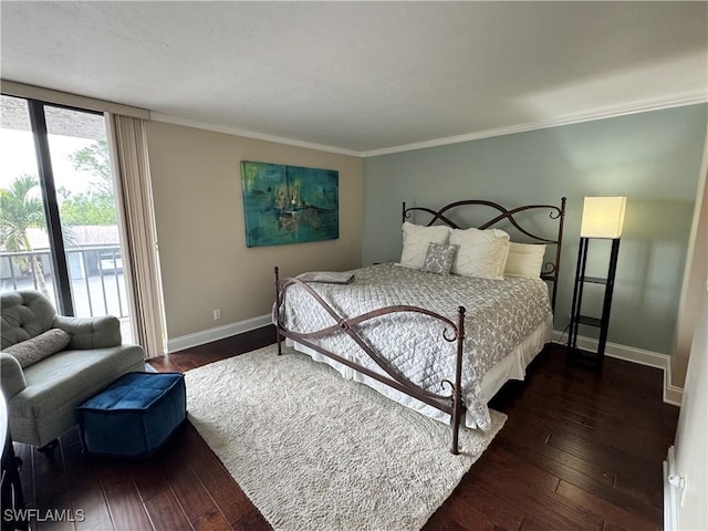 bedroom featuring multiple windows, dark hardwood / wood-style floors, and crown molding