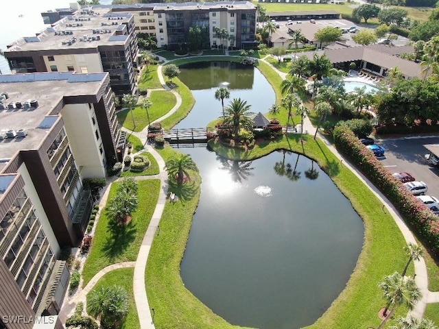 aerial view featuring a water view