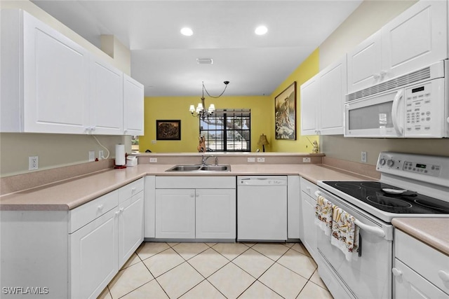 kitchen with sink, white cabinetry, hanging light fixtures, kitchen peninsula, and white appliances