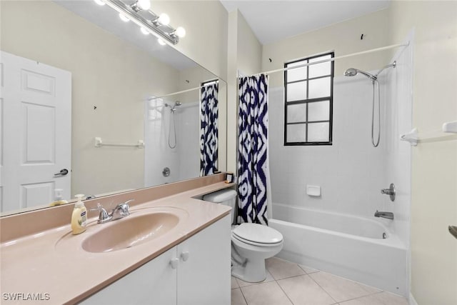 full bathroom featuring tile patterned floors, toilet, shower / tub combo, and vanity