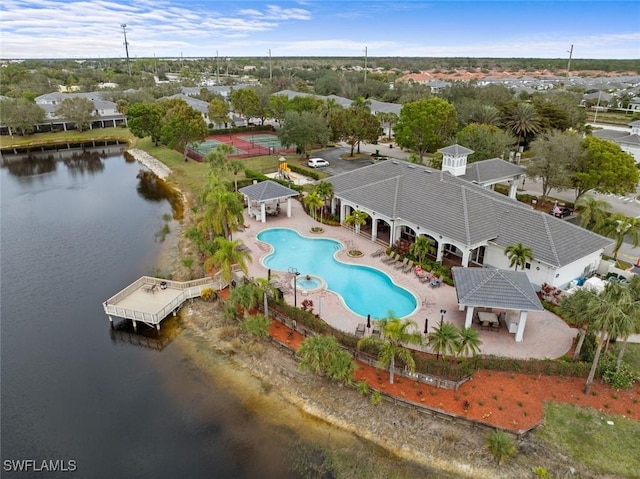 bird's eye view with a water view