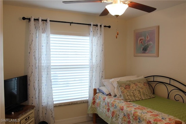 bedroom featuring ceiling fan and multiple windows