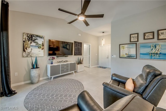 living room with ceiling fan and lofted ceiling