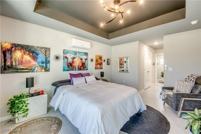 bedroom with a raised ceiling, a notable chandelier, light tile patterned flooring, and a wall mounted air conditioner