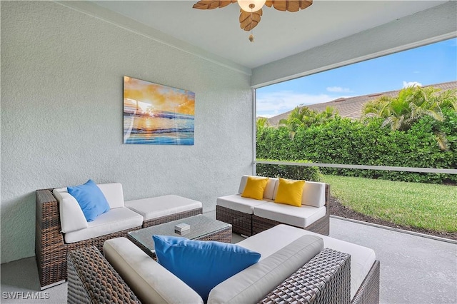 view of patio / terrace featuring ceiling fan and an outdoor hangout area