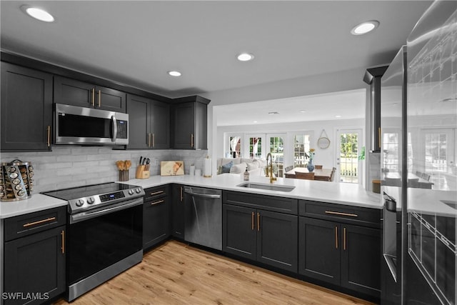 kitchen with stainless steel appliances, sink, backsplash, kitchen peninsula, and light wood-type flooring