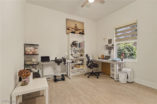 office space with hardwood / wood-style flooring and ceiling fan