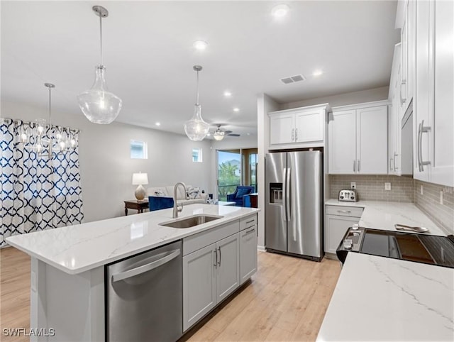 kitchen featuring a kitchen island with sink, sink, white cabinets, decorative light fixtures, and stainless steel appliances