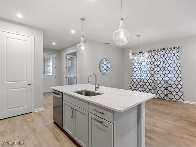 kitchen with pendant lighting, dishwasher, sink, gray cabinets, and an island with sink