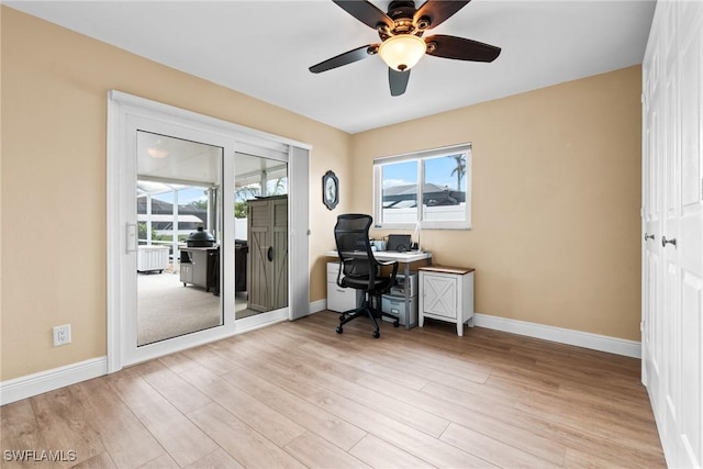 office space with light hardwood / wood-style floors and ceiling fan