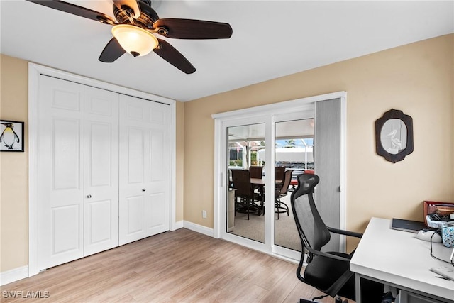 home office with ceiling fan and light wood-type flooring