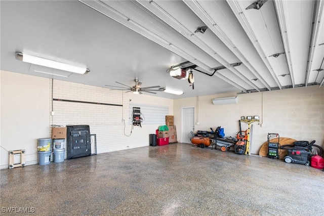 garage featuring ceiling fan, a wall unit AC, and a garage door opener