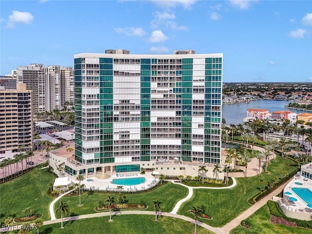 view of building exterior featuring a water view