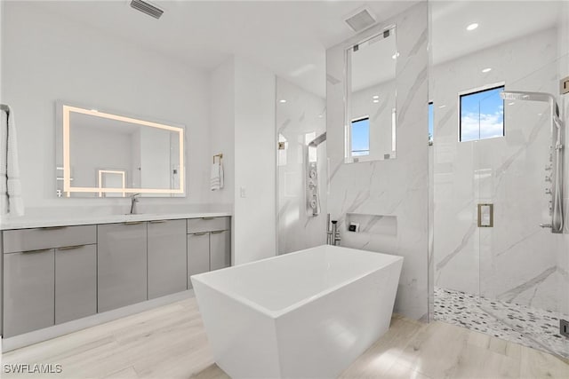 bathroom featuring vanity and plus walk in shower