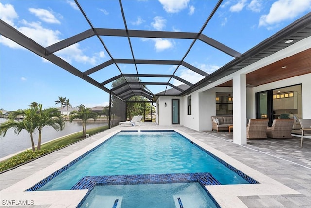 view of swimming pool with ceiling fan, a lanai, an outdoor living space, and a patio