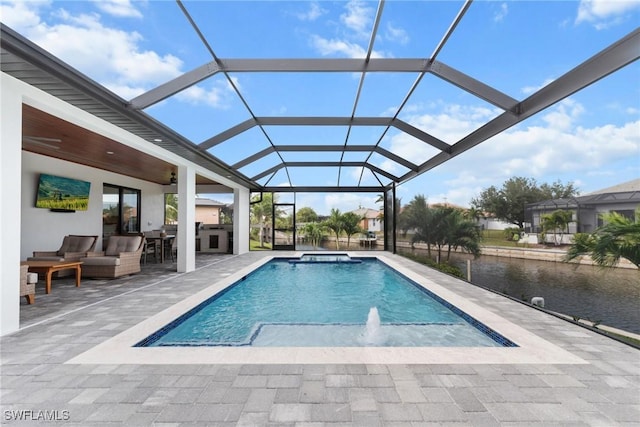 view of swimming pool featuring an outdoor living space, an in ground hot tub, a lanai, a patio, and area for grilling