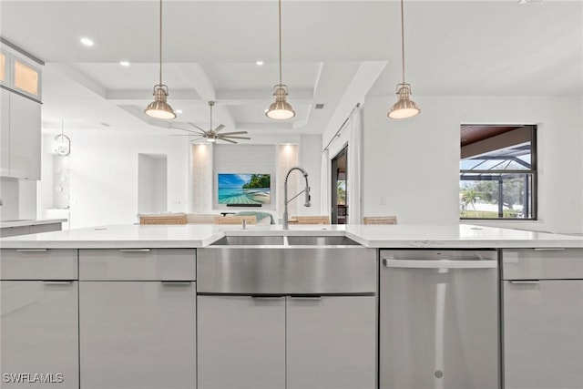 kitchen with white cabinets, dishwasher, beamed ceiling, sink, and coffered ceiling