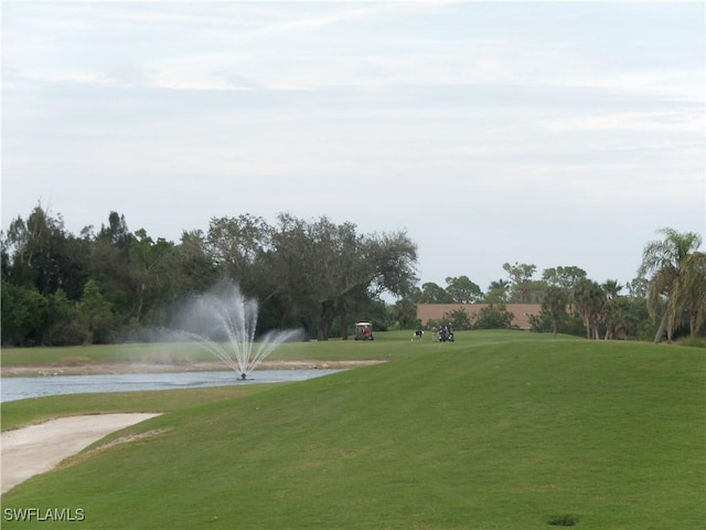 view of home's community featuring a lawn and a water view