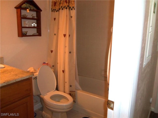 full bathroom featuring tile patterned flooring, toilet, vanity, and shower / tub combo with curtain