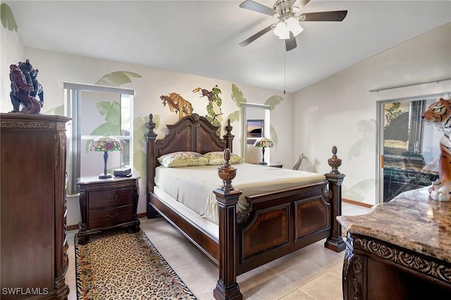 bedroom with light tile patterned floors and ceiling fan