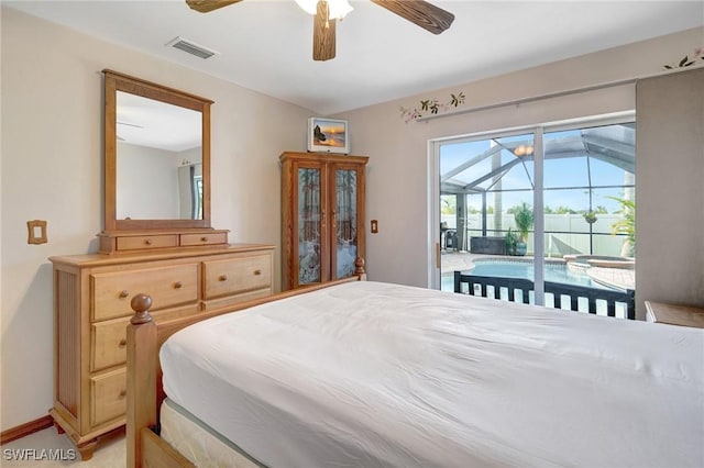 bedroom featuring ceiling fan and access to exterior