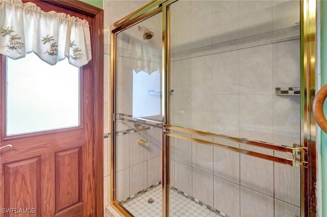 bathroom with a shower with shower door