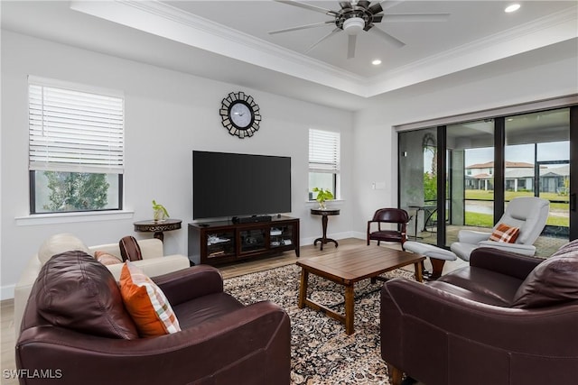 living room with hardwood / wood-style floors, a wealth of natural light, and a tray ceiling