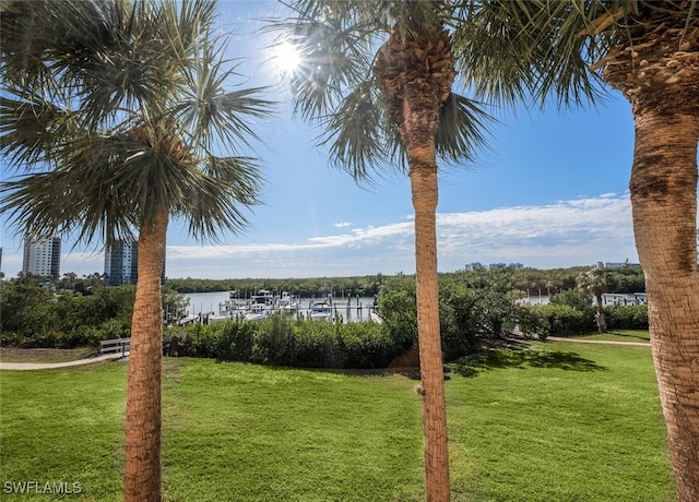 view of yard with a water view