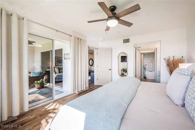 bedroom with wood-type flooring, access to exterior, and ceiling fan