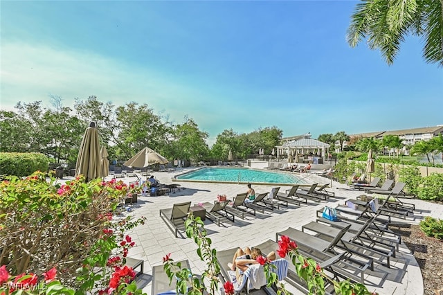 view of swimming pool featuring a patio