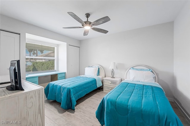 bedroom featuring light wood-type flooring and ceiling fan