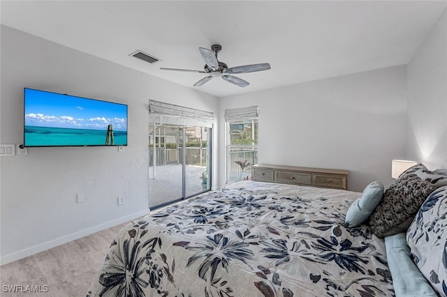 bedroom with ceiling fan, light hardwood / wood-style flooring, and access to outside