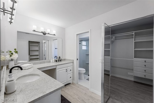 bathroom featuring wood-type flooring, toilet, and vanity