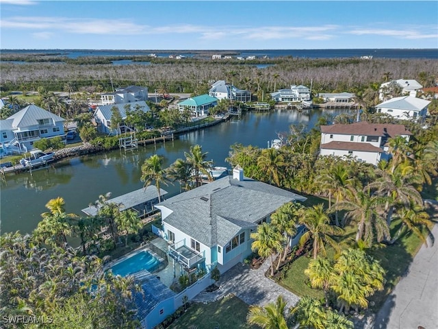 aerial view featuring a water view