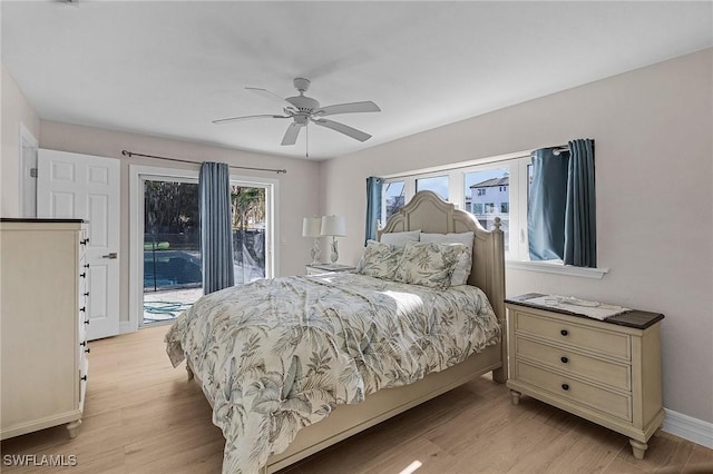 bedroom featuring ceiling fan, access to outside, and light wood-type flooring